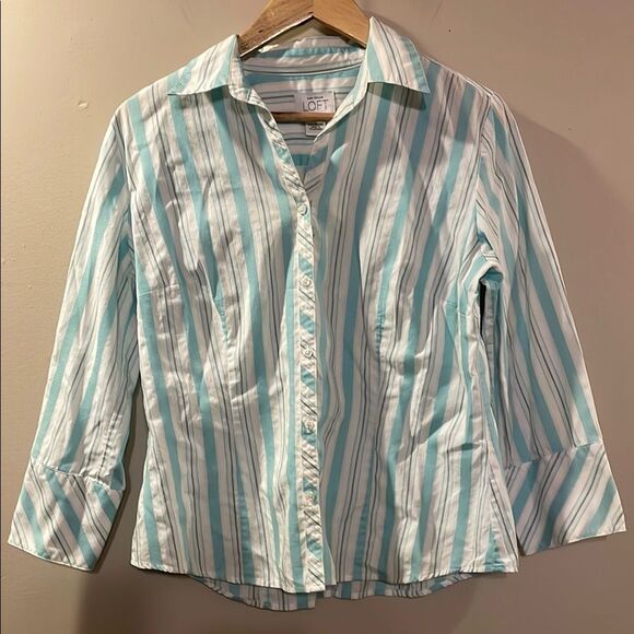 LOFT Aqua Striped Shirt - Picture 1 of 7